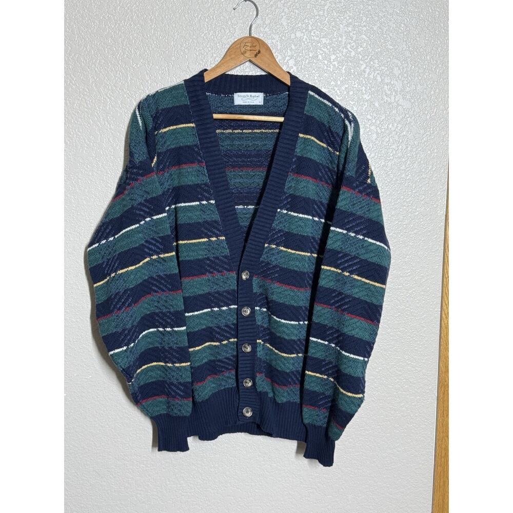 VTG Tricots St. Raphael Cotton Sweater Mens Large Cardigan Stripe Design Grandpa
